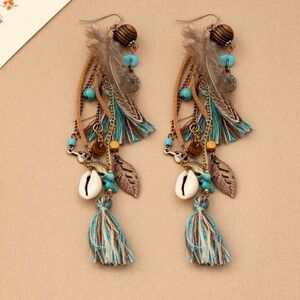Boho Turquoise Tassel & Shell Drop Earrings - Unbranded
